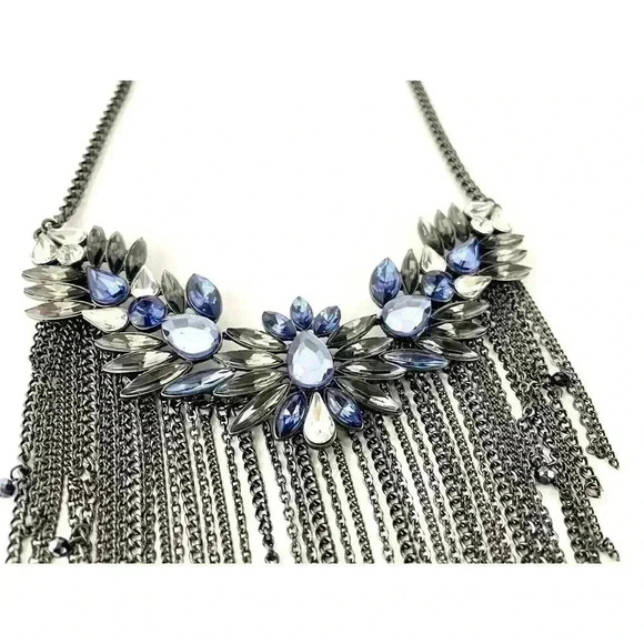 Gray Metal Rhinestone Chain Statement Necklace 13" Blue Clear Retro Boho Dangle - Picture 9 of 11